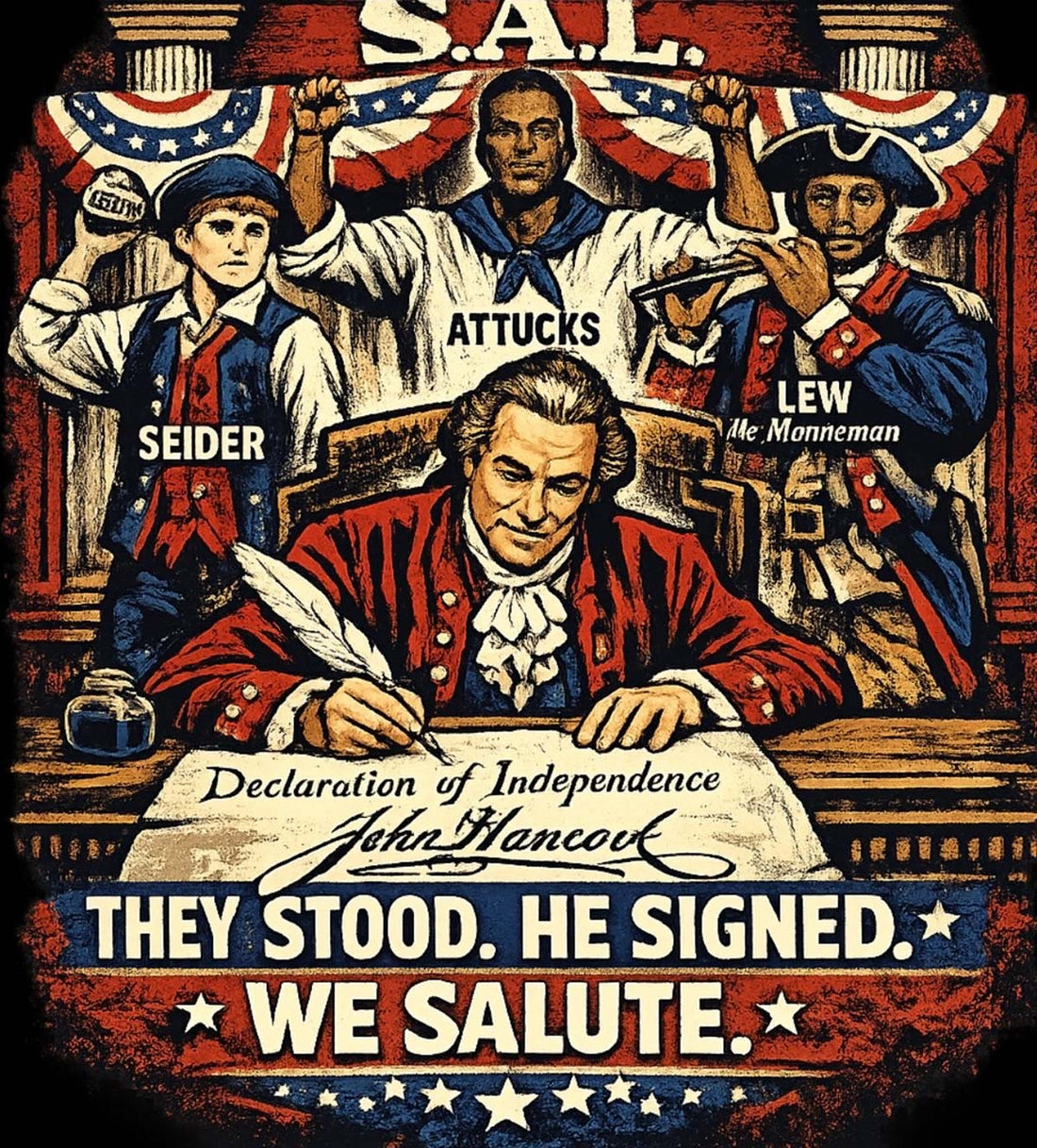 An image of C. Seider, C. Attucks, B. Lew surrounding John Hancock as he signed the Declaration of Independence